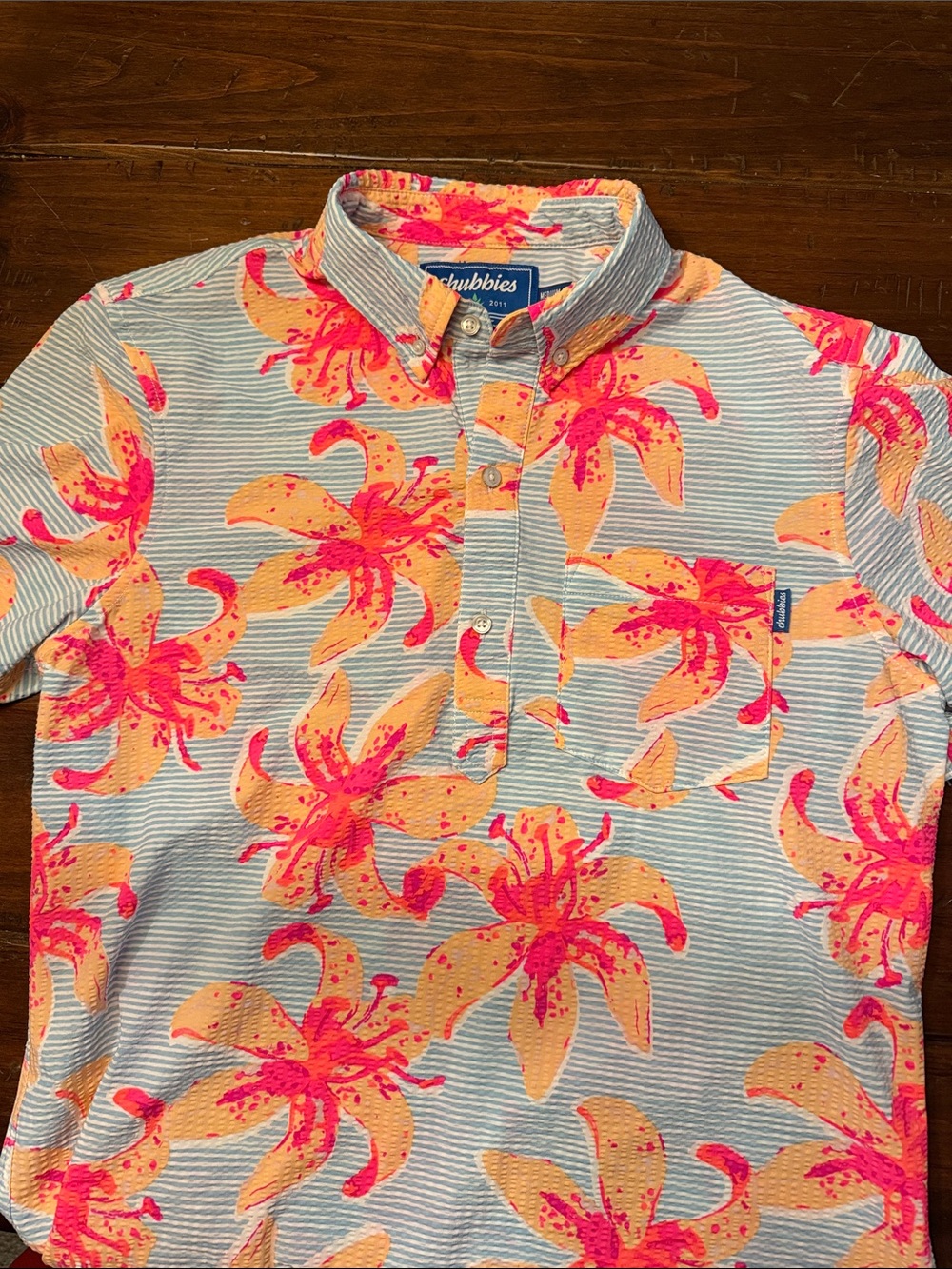 chubbies Blue Striped Shirt with Neon Pink & Peach Floral Print
